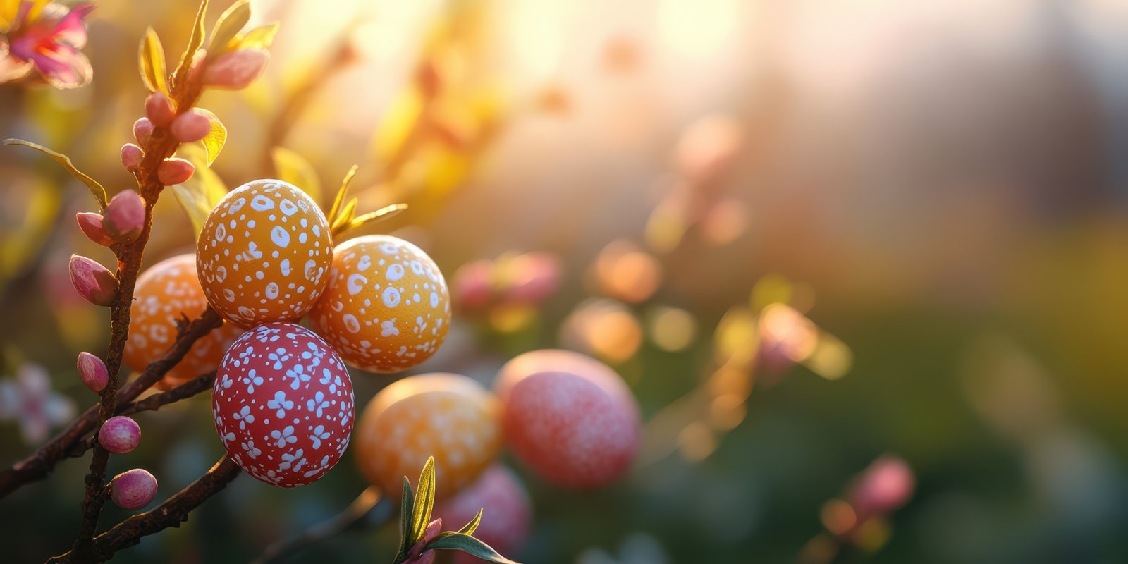 Colorful Easter eggs nestled among blooming flowers during a golden hour